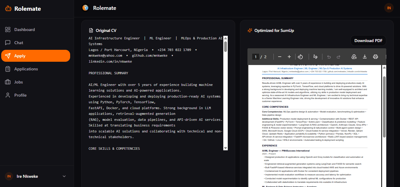 RoleMate — CV builder